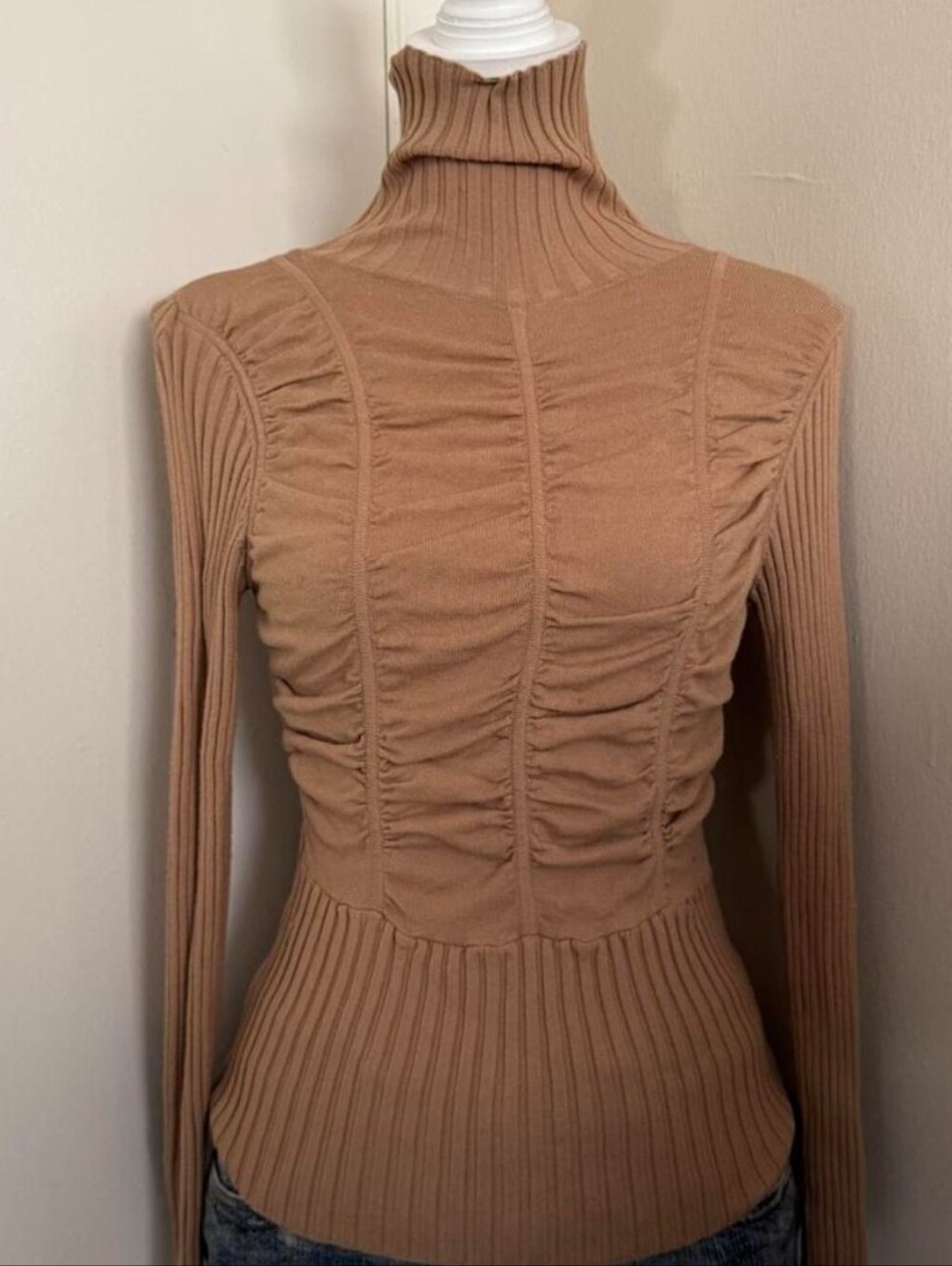 Bebe Scrunched Ribbed Turtleneck In Taupe